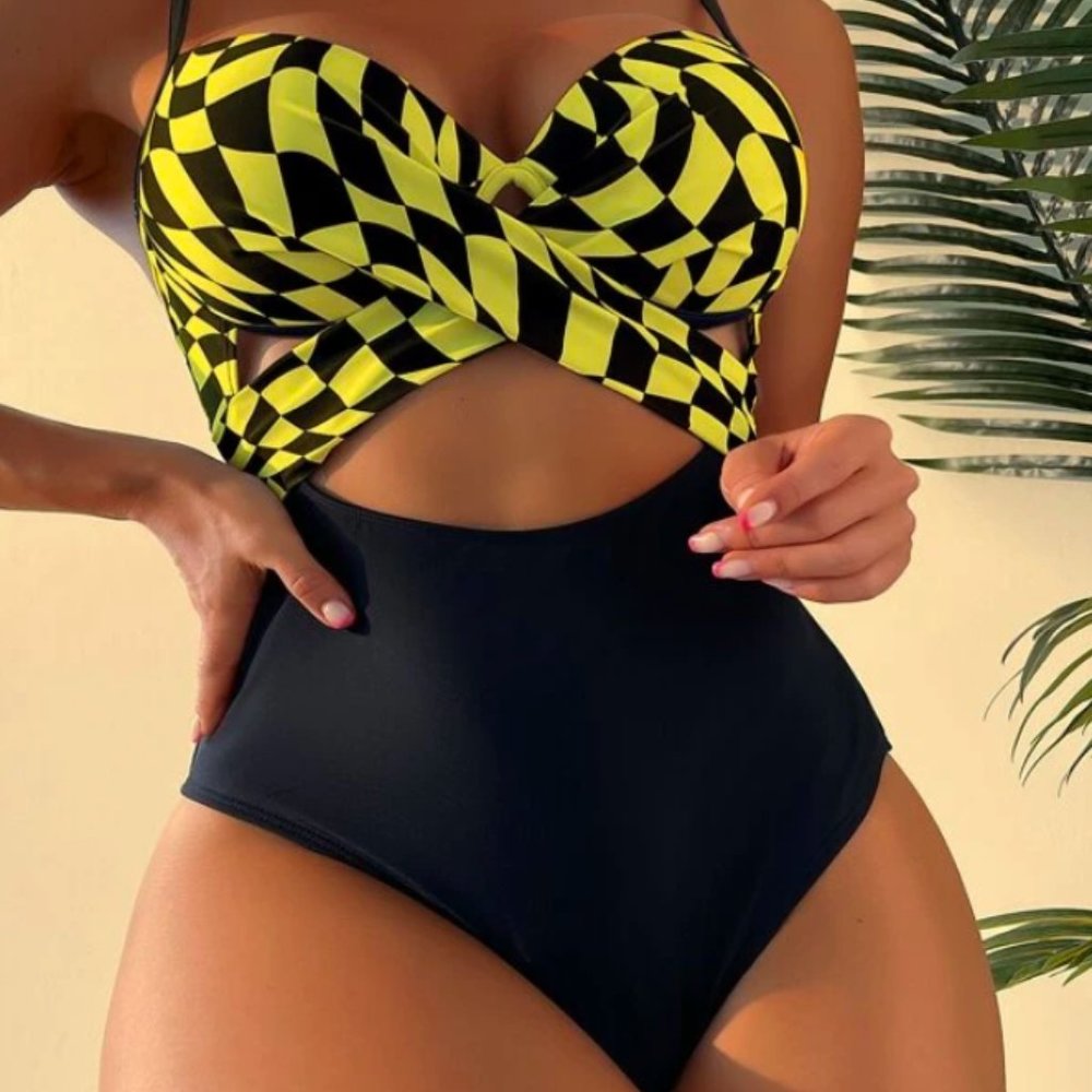 Abstract Plaid Pattern Yellow and Black Cut-out Wrap One Piece Swimsuit (light p